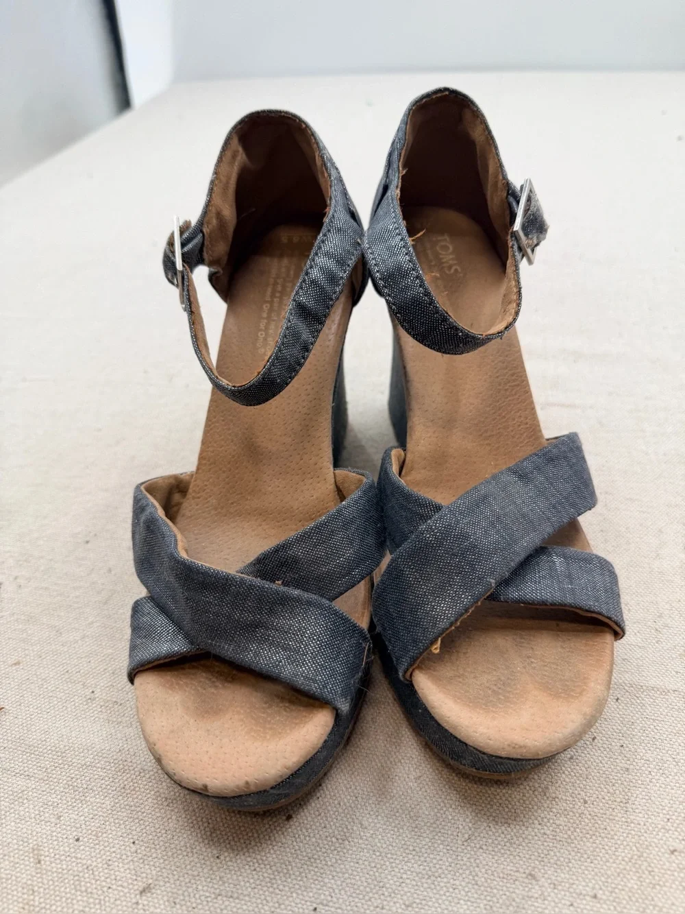 Toms Dark Denim Blue Wedge Sandals with Ankle Strap
